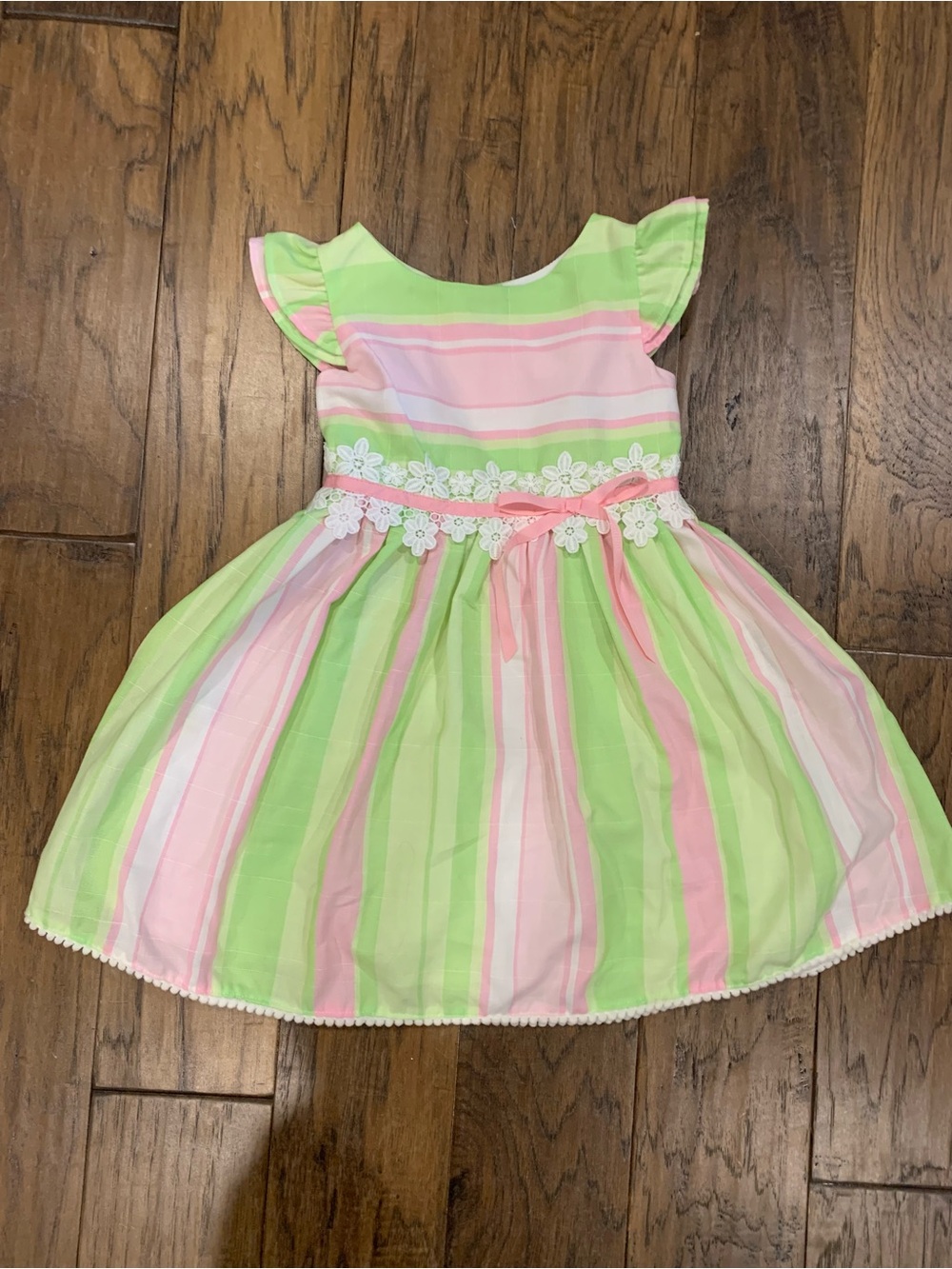 Rare Editions Pink & Lime Green Striped Floral Waist Party Dress